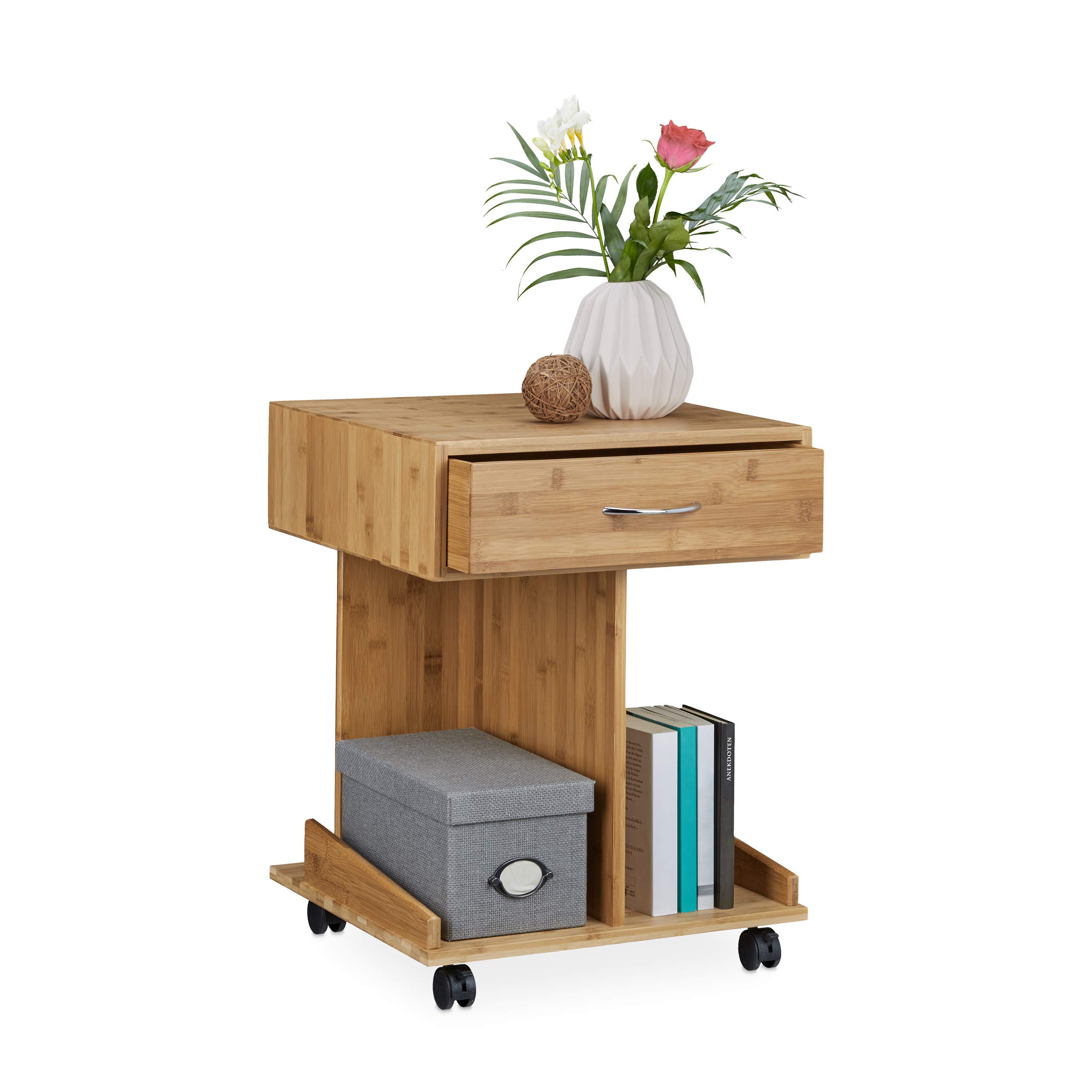 Relaxdays Tavolino da Salotto ROLLI, con Rotelle, Cassetto, 2 Ripiani per Libri, HLxP 56,​5x43x46 cm, Marrone Naturale