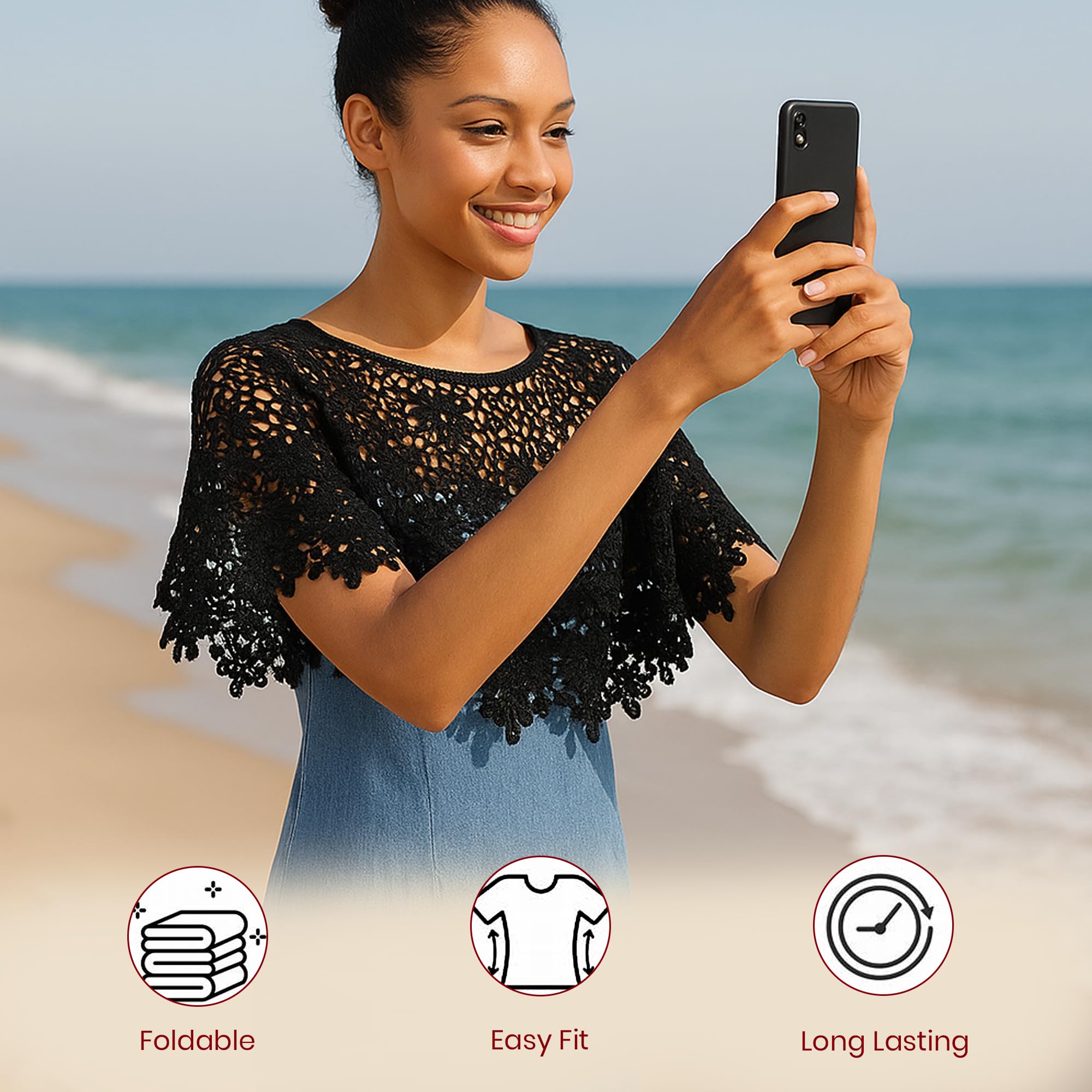 Homeaura® Lace Shrugs for Women | Stylish Cape Poncho Crochet Shrug Floral Pattern Capelets Knitted Cover Up Wraps | Short Hollow Out Net Shrug for Off-Shoulder Strapless Evening Beachwear (Black) - Image 6 thumbnail