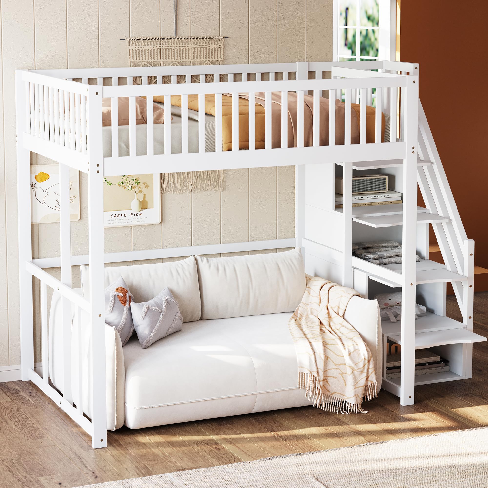 Soweiz Letto a soppalco con scala di sicurezza con vano portaoggetti, bordo di sicurezza, telaio in pino massiccio, adatto per bambini, adolescenti e adulti, 140 x 200 cm (bianco)