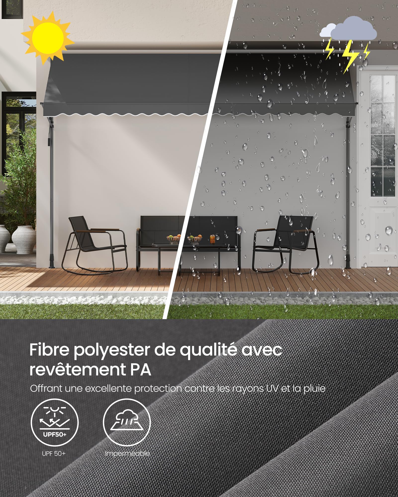 SONGMICS Store Banne Rétractable, Store Manuel, Réglable en Hauteur, avec Manivelle pour Balcon, Jardin, Terrasse, 400 x 180 cm, Gris Anthracite GSA402G02