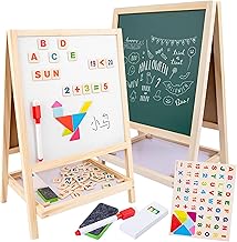 Wooden Kids Drawing Board (Double-Sided) Ages 2-6 | Chalkboard & Magnetic Whiteboard | with 54 Magnetic Letters & Numbers, Chalks, Marker & Tray | Learning Board for Toddlers, Tabletop Easel
