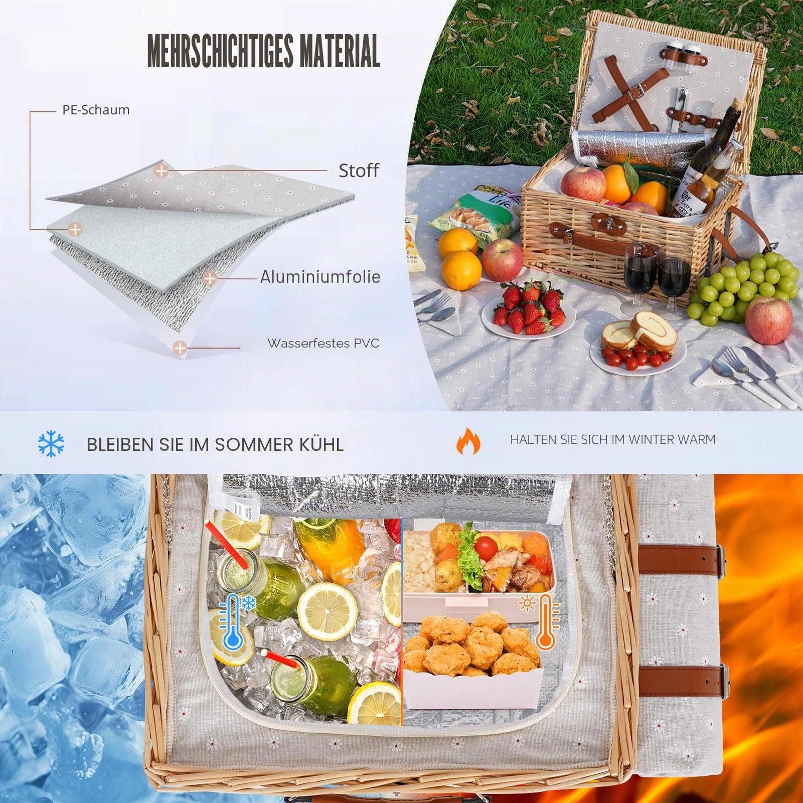 HappyPicnic Picknickkorb-Set für 2 – Weiden-Picknickkorb mit wasserdichter Decke & isoliertem Innenfutter, großer handgefertigter Weidenkorb mit Besteckset für Outdoor, Picknick, Camping, Urlaub