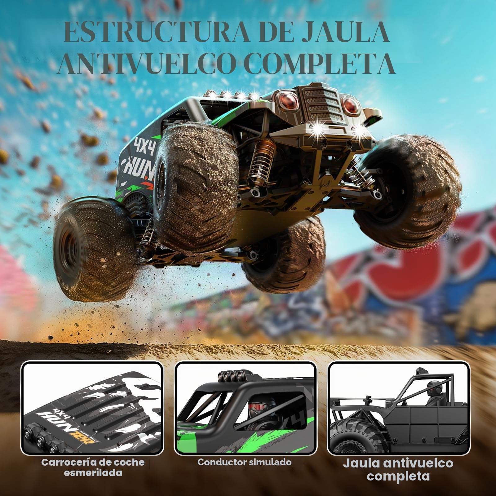 Coche Teledirigido 1:14 4WD 40 KM/H RC Coche Radiocontrol 4x4 con 2 Baterías 7.4V 1300mAh, Neumáticos de Pala Extra y Jaula Antivuelco Completa, Regalo Ideal para Adultos y Niños