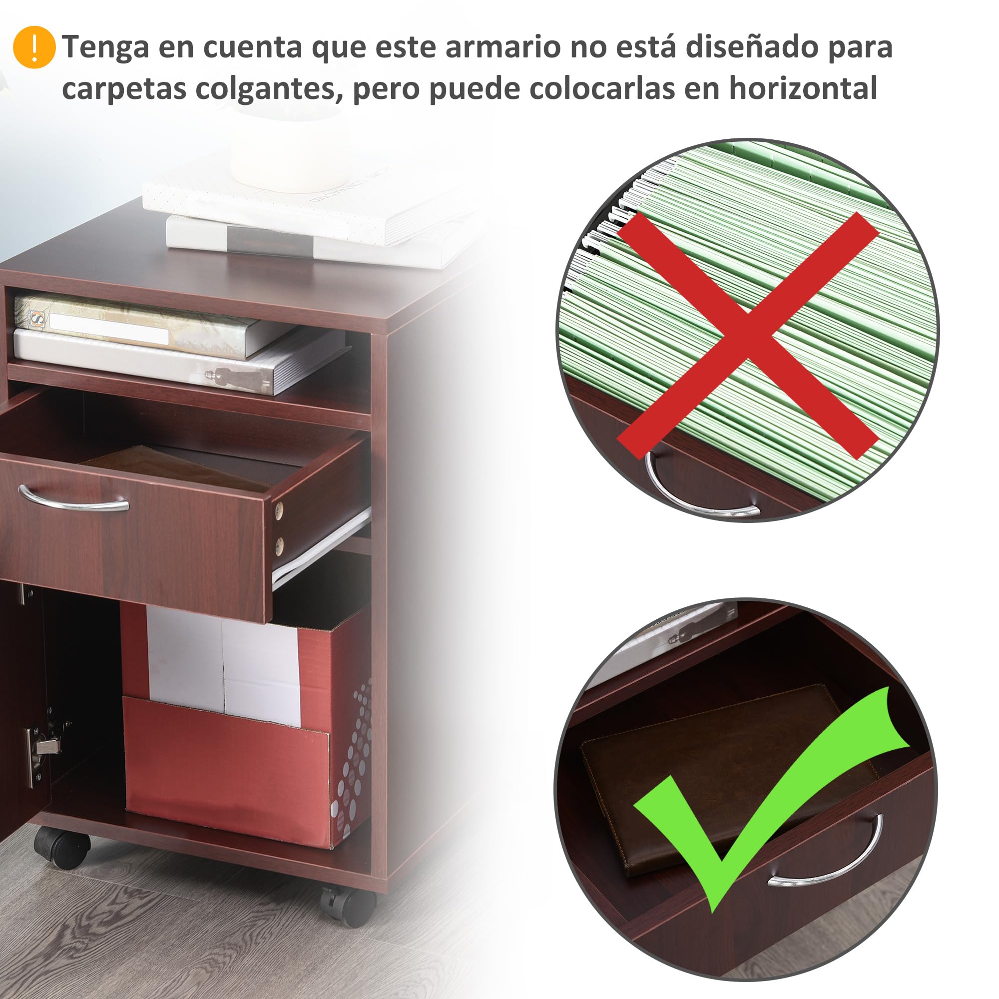 HOMCOM Cassettiera da scrivania con ruote, cassettiera da ufficio con cassetto, vano, porta, raccoglitore mobile per studio, soggiorno, 40 x 35 x 60 cm, caffè scuro