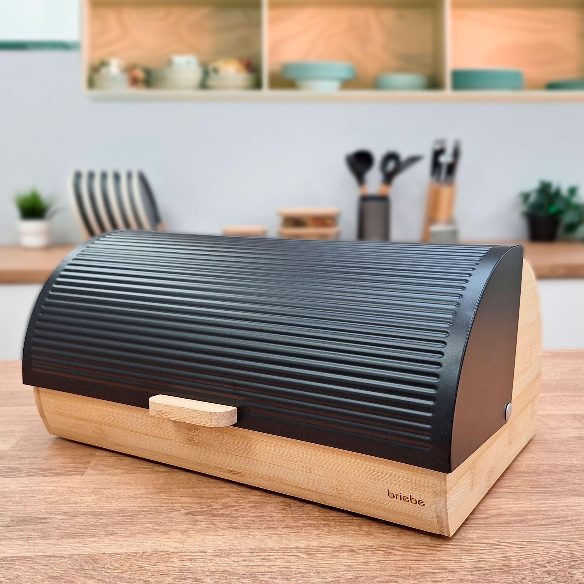 briebe Nordic Boîte à Pain en Bois de Bambou, Couvercle Coulissant pour Conserver le Painen, Bread Box pour le Rangement des Viennoiseries, Design Nordique Moderne, Noir