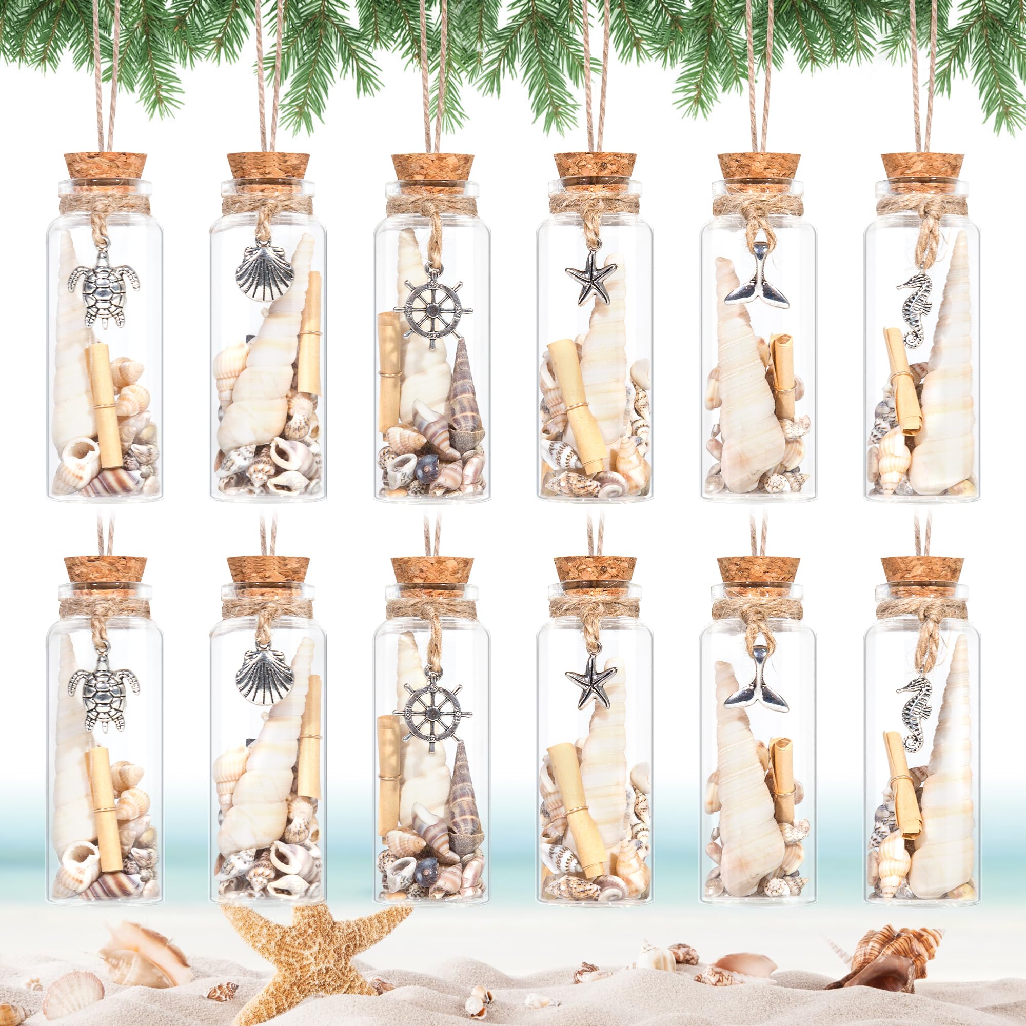 12-piece coastal shell bottle ornament set