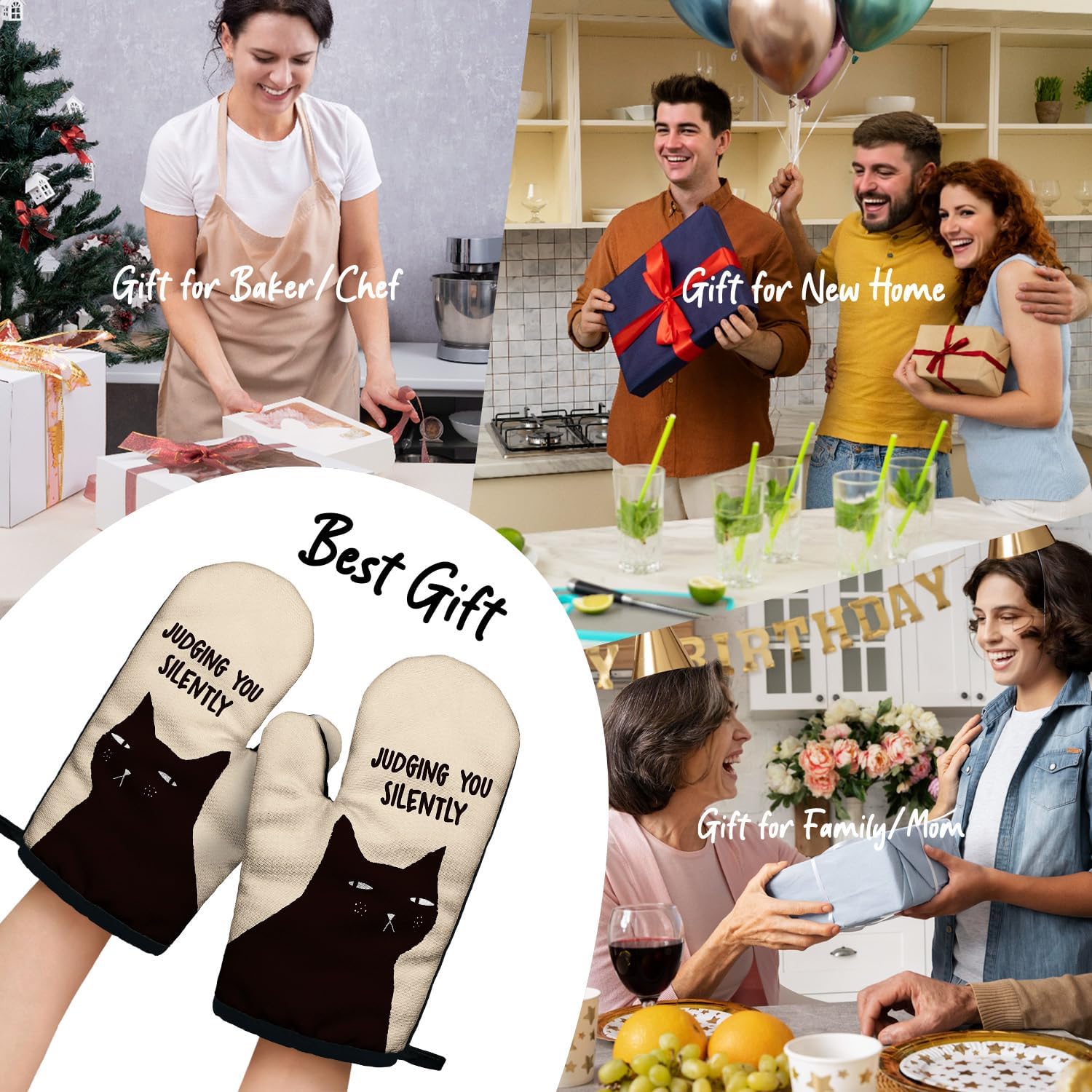 Judging You Silently Funny Black Cat Oven Mitts with Hanging Loop and Silicone Non-Slip, Cute Cat Baking Kitchen Utensils 2-Piece Set, Gifts for Mom Aunt Sister BFF Cat Lover Colleague - Image 6