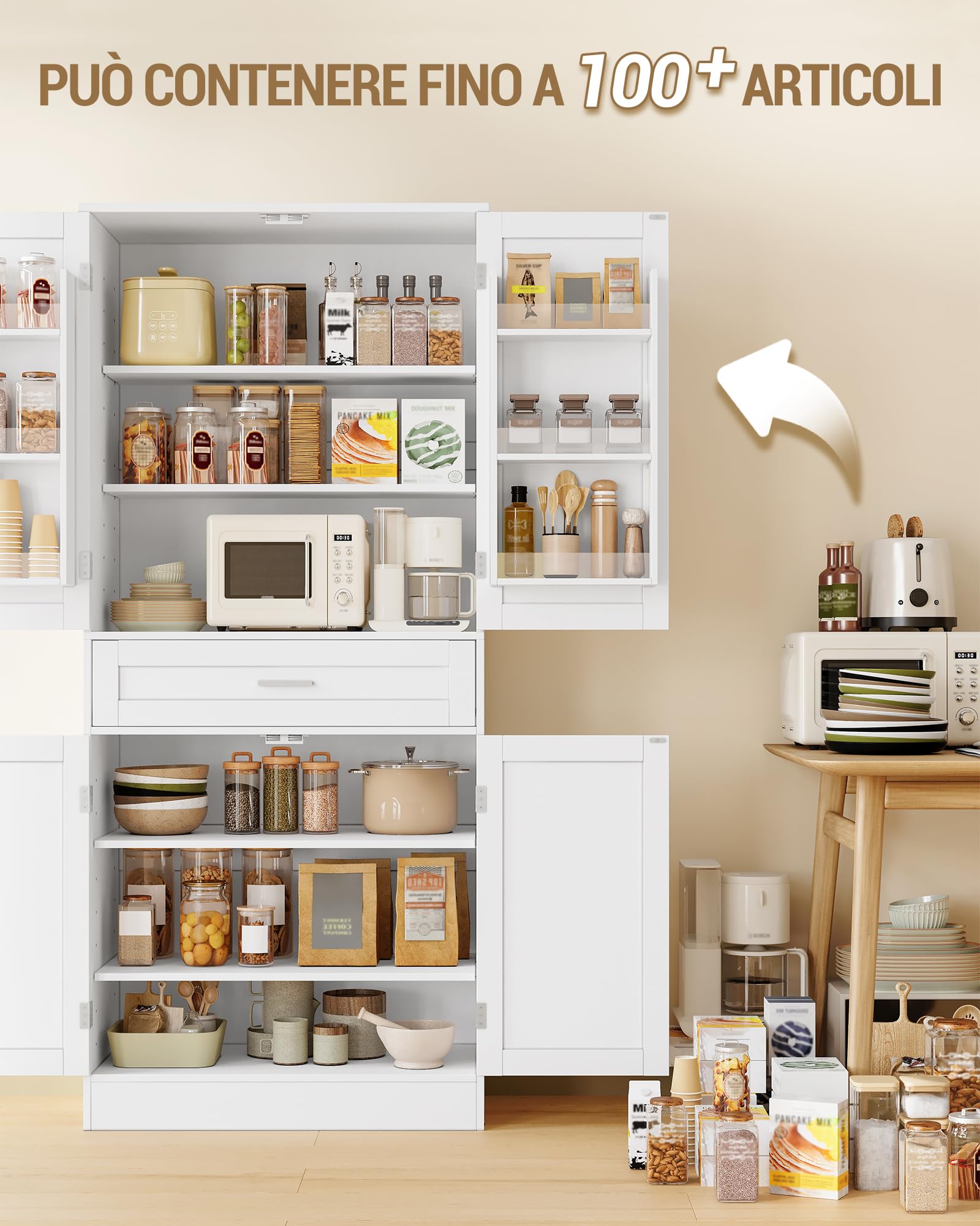 Hzuaneri Credenza Cucina, Mobile Alto da Cucina, 4 Ante, 1 Ampio Cassetto Grande, Scaffale Portaoggetti Dietro la Porta, 40 x 80 x 180 cm, Moderno, Cucinas, Soggiorno, Bianco PT21003X