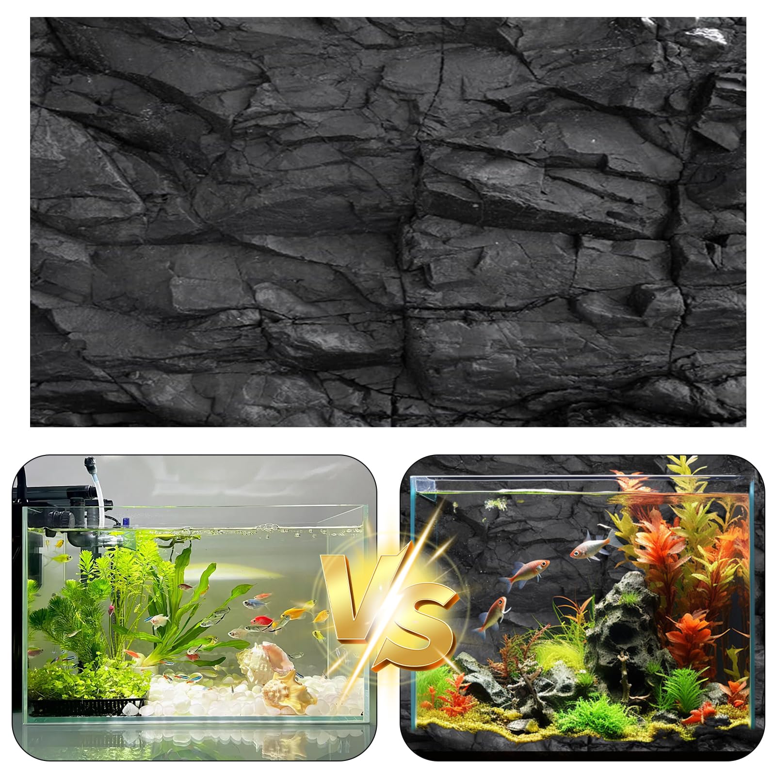 Gohytal Poster per acquario, 120 x 40 cm, statico in PVC, per acquario, sfondo statico, pietra nera, generico, per acquario, parete posteriore, terrario