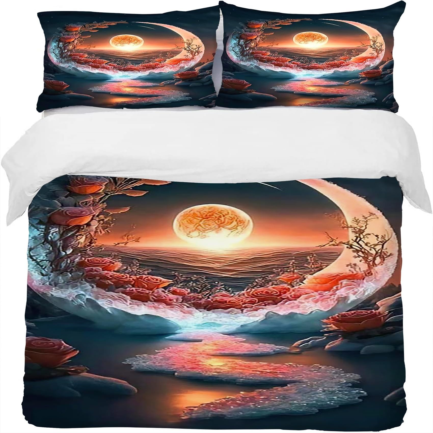 Moon Zestawy poszewek na kołdrę 155 x 220 cm róża jesień pościel mikrofibra poszewka na kołdrę 155 x 220 cm luksusowy zestaw pościeli z nadrukiem 3D poszewka na kołdrę z 2 poszewkami na poduszki 50 x