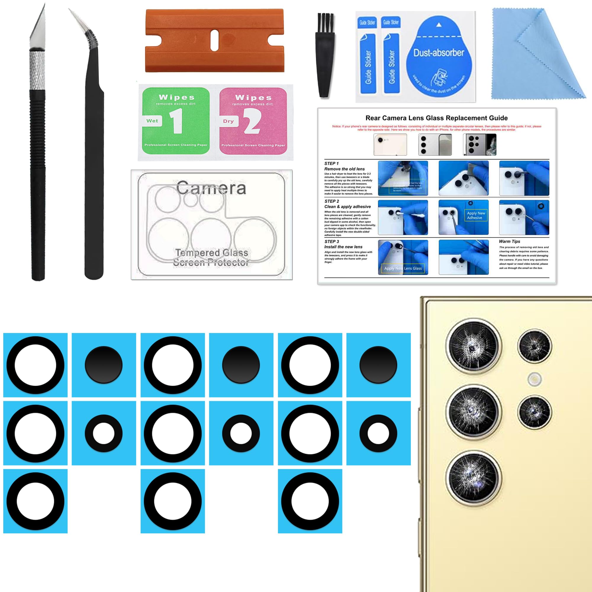 BATLABB 3 Pack Galaxy S24 Ultra Back Rear Camera Lens Glass Replacement, Back Camera Lens for Samsung S24 Ultra, Included Instruction Manual, Toolkit