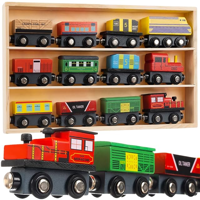 KRUZZEL Montessori 23522 - Juego de tren de madera con organizador, 3 locomotoras, 9 vagones