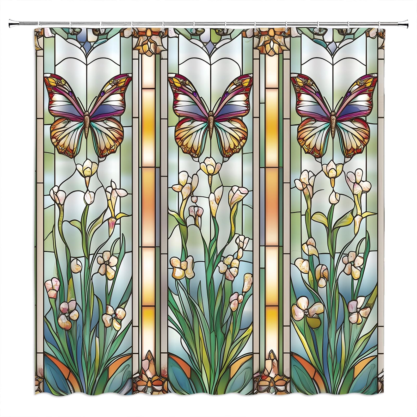 Flower Butterfly Shower Curtain Green Leaves Floral Butterfly Glaze Glass Chinese Screen Window Modern Fabric Bathroom Fabric Curtain with Hooks,70 x