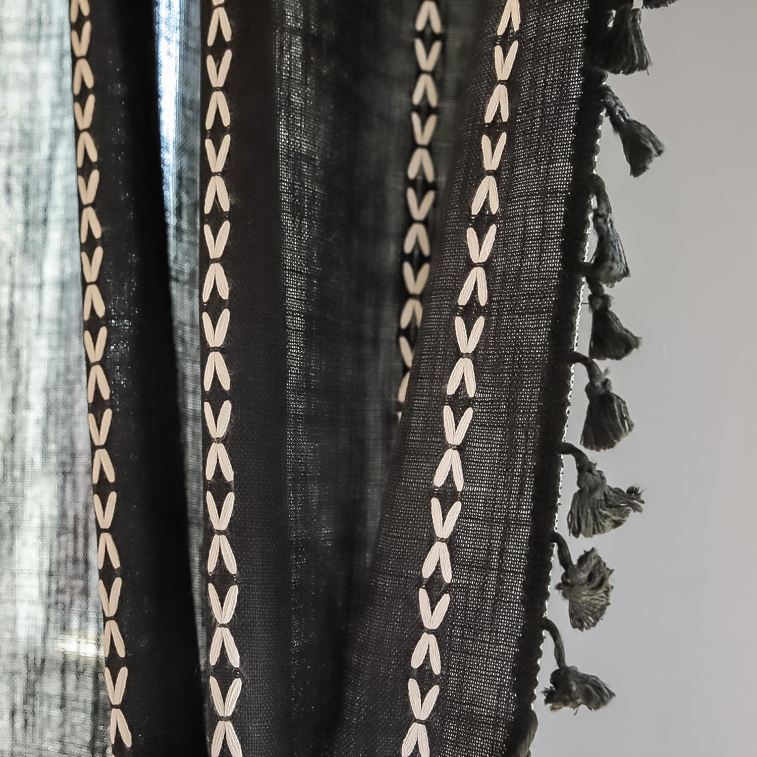 Black Boho Curtains for Bedroom - 2 Panels Bohemian Farmhouse Window Treatment Drapes - Semi Blackout Embroidered Striped Tassel Curtain (Black, Rod Pocket, 52" W x 71" L)
