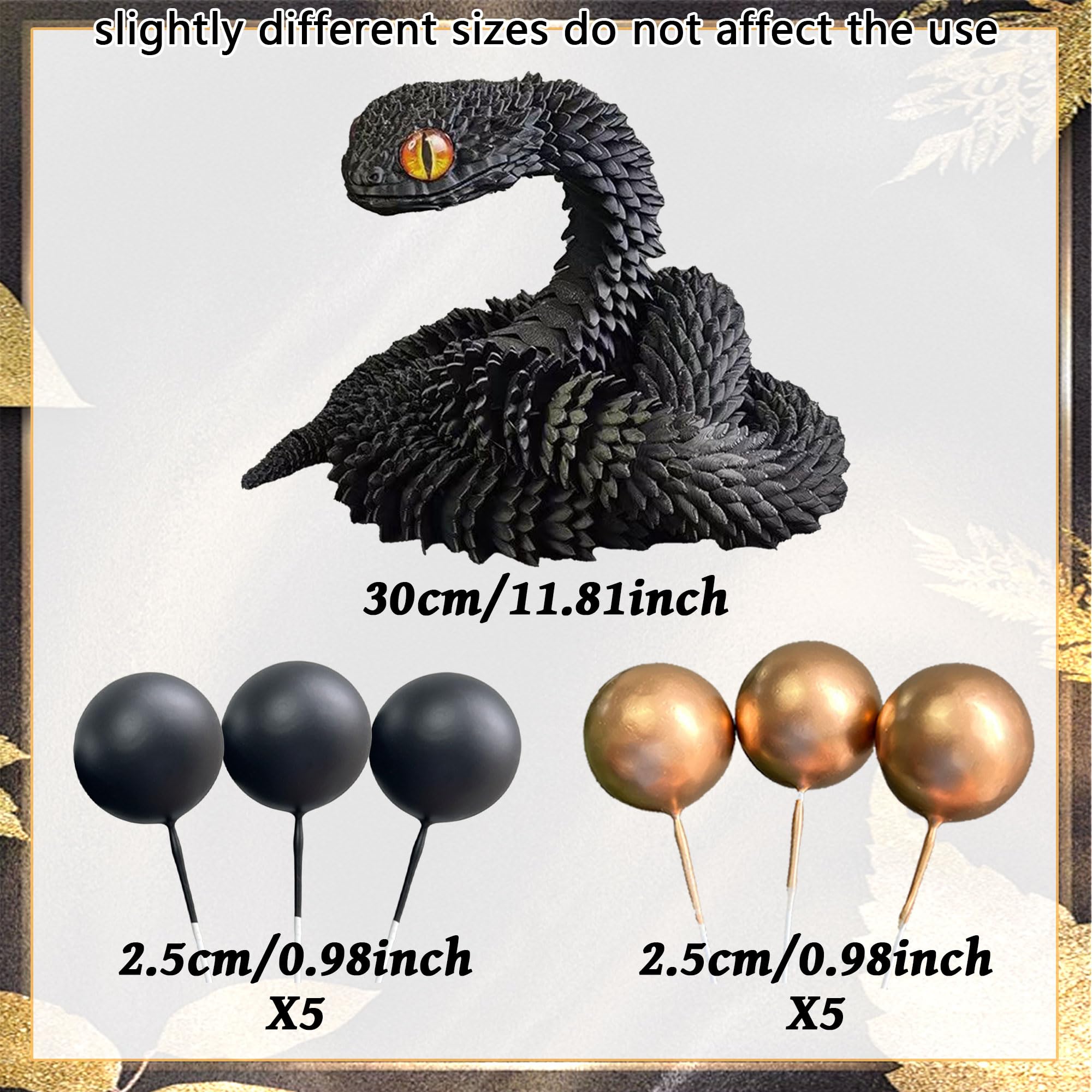 3D Printed Snake Fantasy Snake Cake Decoration Wizard Cake Topper Black Gold Balls Cake for Birthday Fantasy Fan Party Supplies