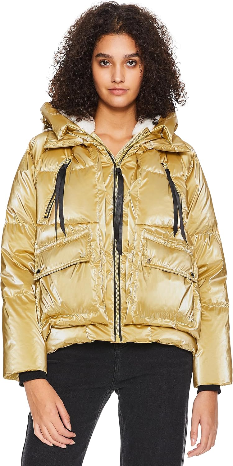 Orolay Women's Metallic Down Jacket Short Cropped Puffer Jacket Full-zip Water-resistant Outerwear with Fleece-lined Hood