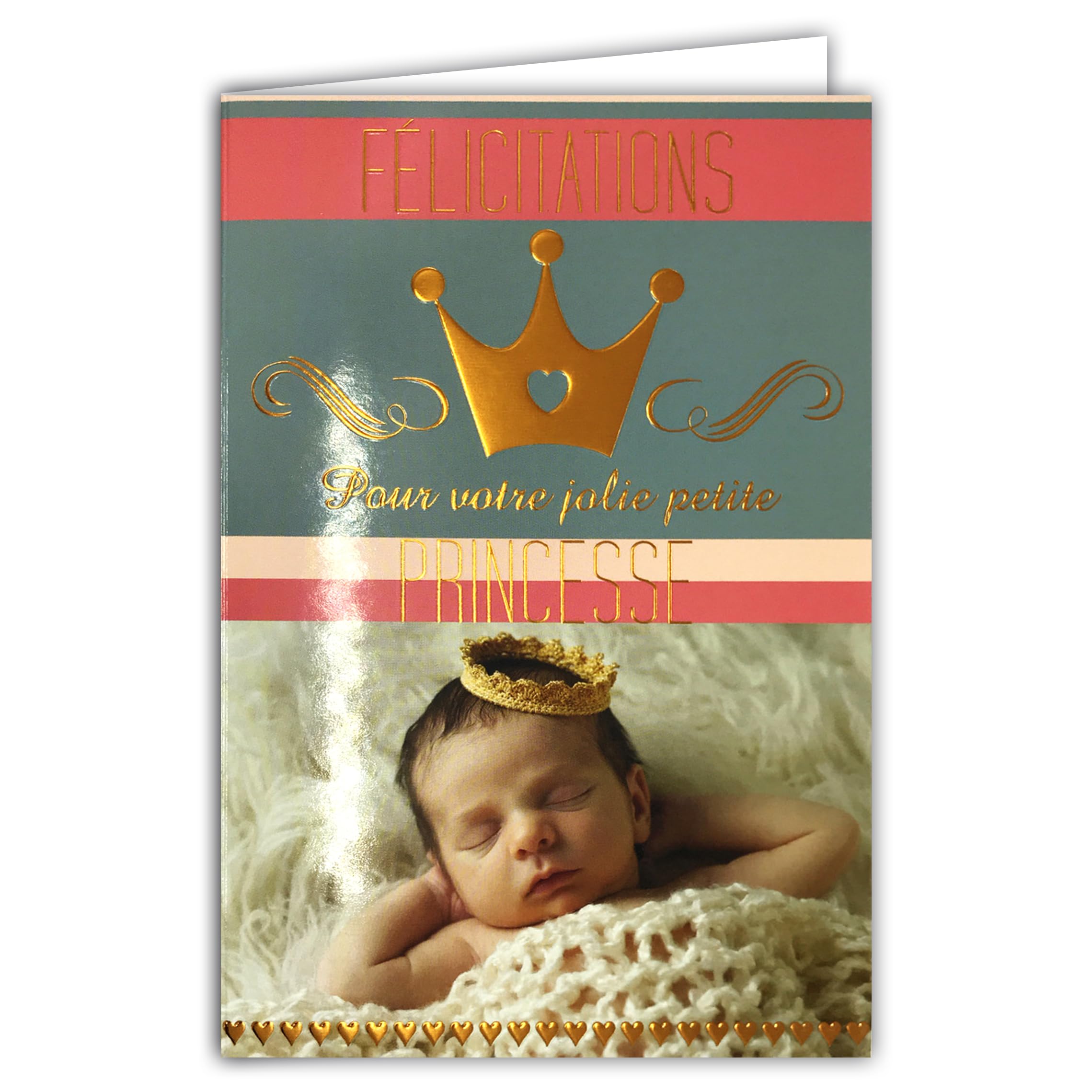 AFIE Congratulations Card Birth or Adoption Baby Girl Pretty Little Princess Crown Hearts in Gold Gold Envelope Pink Envelope 12 x 17.5 cm Fairy Tale Tender Warm Thoughts Cocooning 66-1027-A