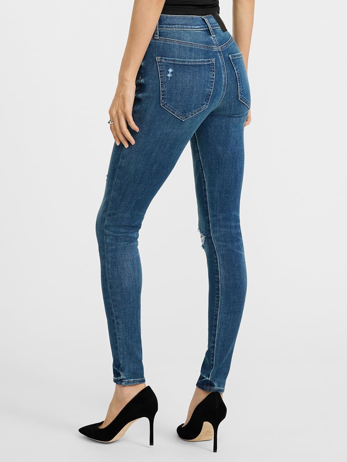 EXPRESS Women’s Ripped Skinny Ankle Jeans – Mid Rise Stretch Denim with Distressed Detailing and Flattering Fit – Dark Denim - Image 4