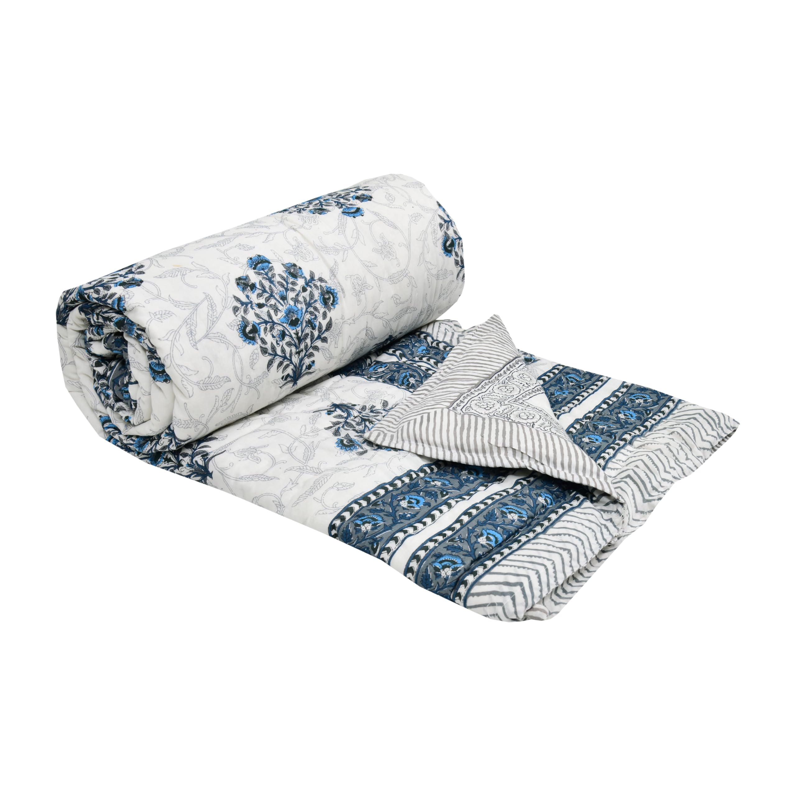 BLOCKS OF INDIA Cotton Single Size Quilt Hand Block Print for Light Winters (60x90 Inches) (Blue Grey BUTA 1)-300 TC