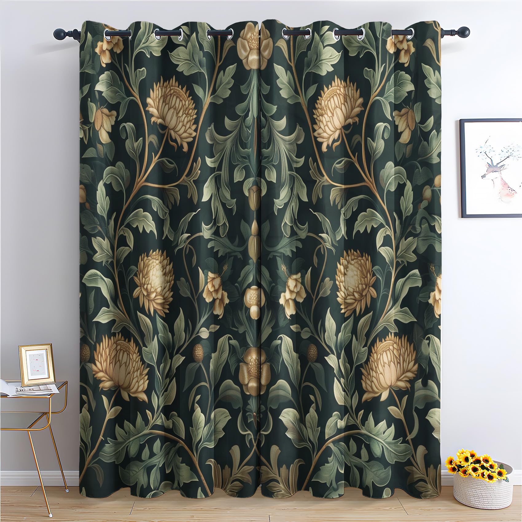 zcwl Chrysanthemum Curtains for Bedroom Living Room, Floral Dark Green Patterned Blackout Curtains, Thermal Insulated Eyelet Curtain, 72 Drop Window Treatments Drapes, 66x72 Inch (W x L), 2 Panels