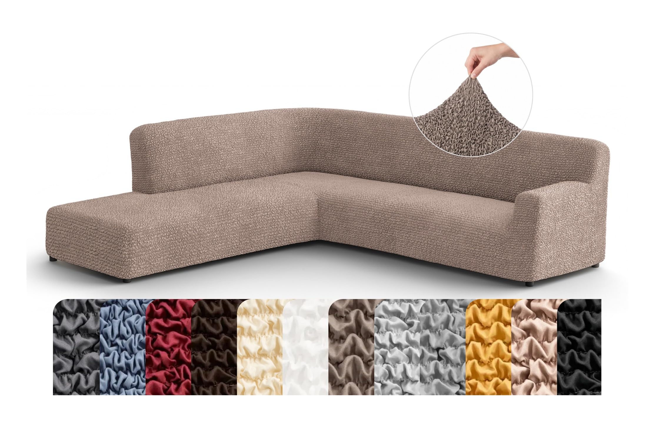 Mamma Mia Covers PAULATO BY GA.I.CO. Stretch Sectional Sofa Slipcovers 1-Piece Non-Slip – Elastic L Shape Couch Cover – Soft Furniture Protector Washable – Soft Taupe (Left-Facing Bumper 120"-195" Wide)