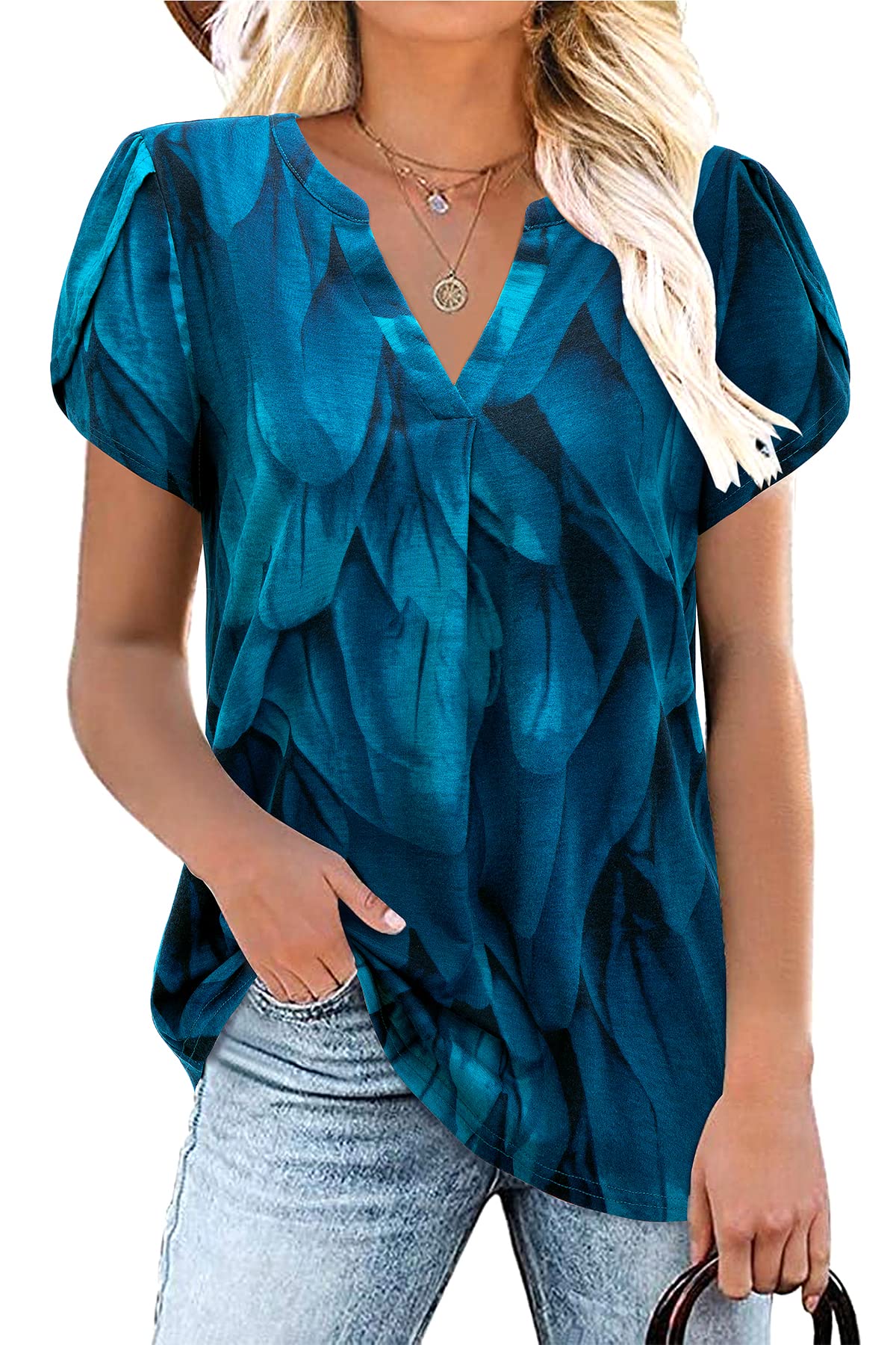 Bulotus Women Summer Casual Short Sleeve T-shirts V Neck Tops Short Sleeve Loose Fit Tunic Blouses