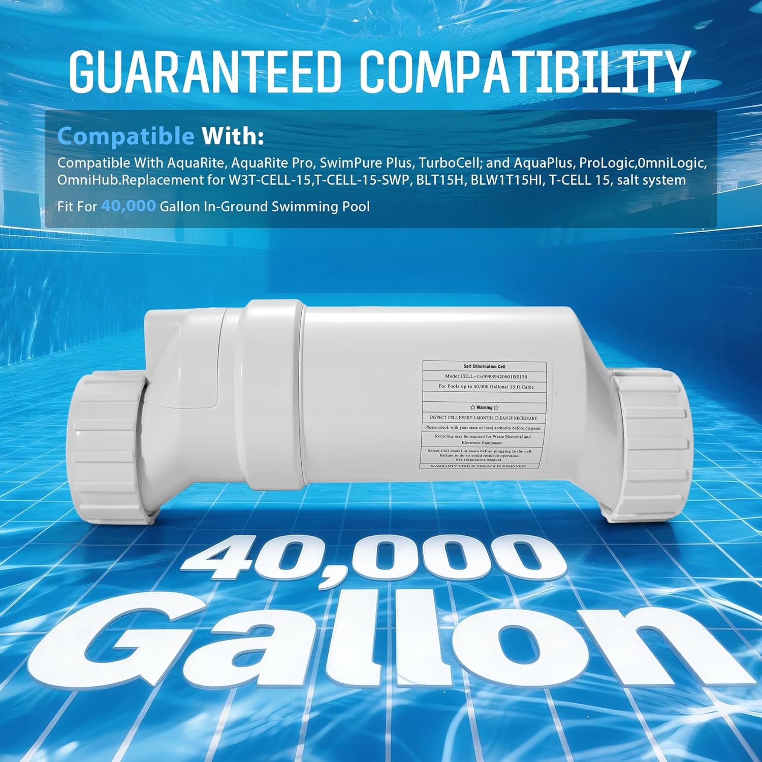 T-15 Salt Cell Replacement for Hayward W3T-CELL-15 fits AquaRite ProLogic ProLogic & More - 40K Gallon Pools
