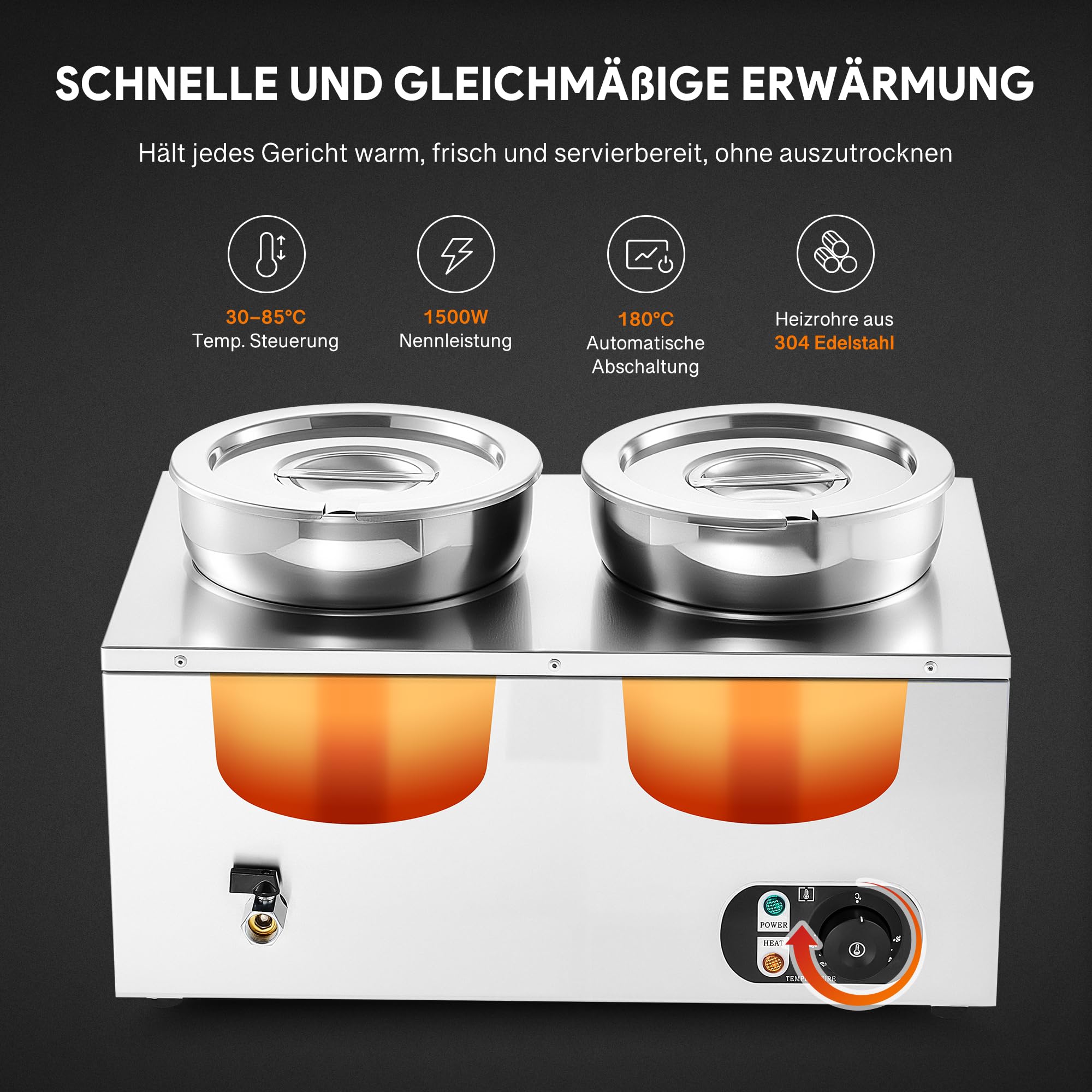 Wilprep Chafing Dish Elektrisch 14L (2 X 7L Rund) Profi Gastro Speisewärmer Buffetwärmer Elektrische Warmhaltebehälter Bain Marie mit Ablaufhahn & Deckel, 1500W 30-85°C Edelstahl für Buffets, Hotels