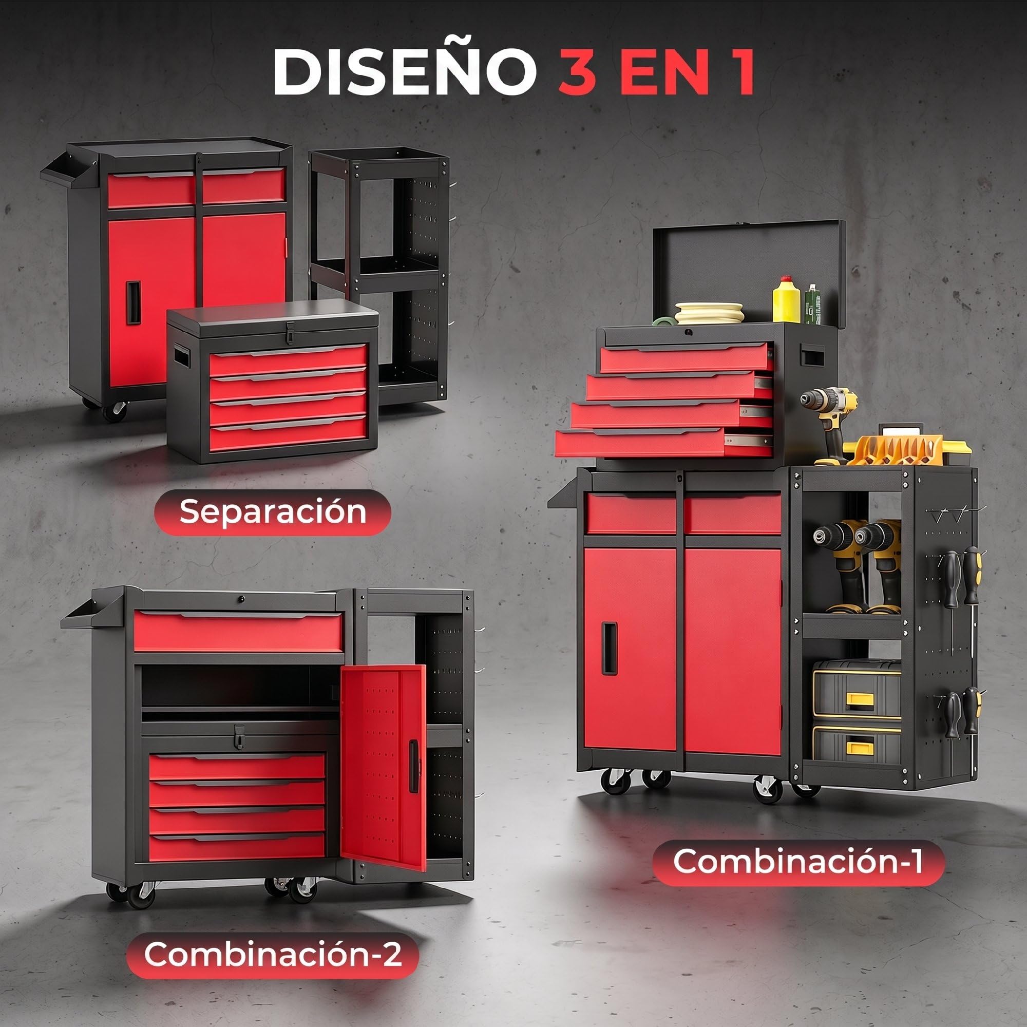 HOMCOM Armoire Outils roulante, étagère, Panneau perforé, 3en1 Rouge