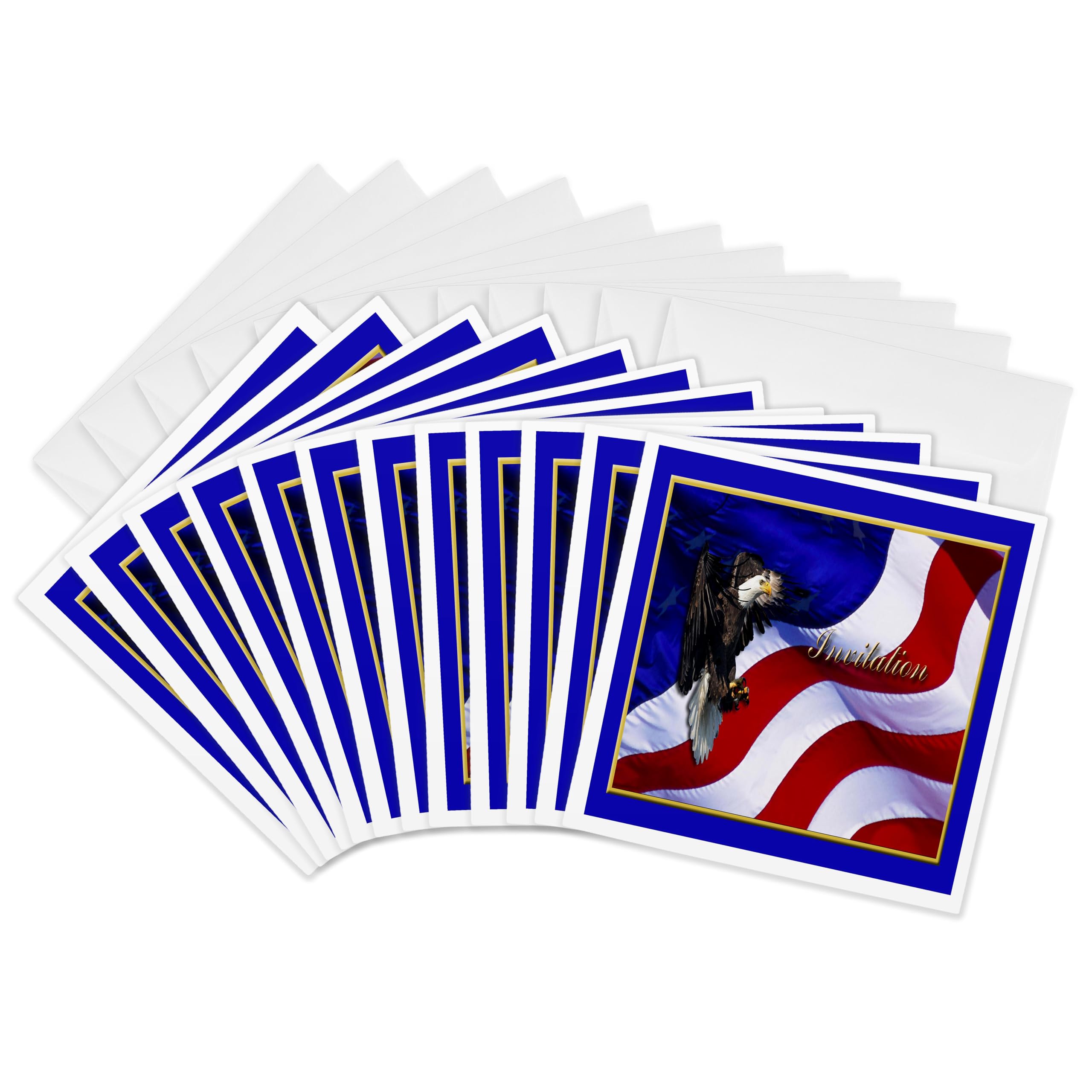 3dRose gc_20164_2 6 x 6-Inch "Invitation Bald Eagle with American Flag" Greeting Card (Pack of 12)