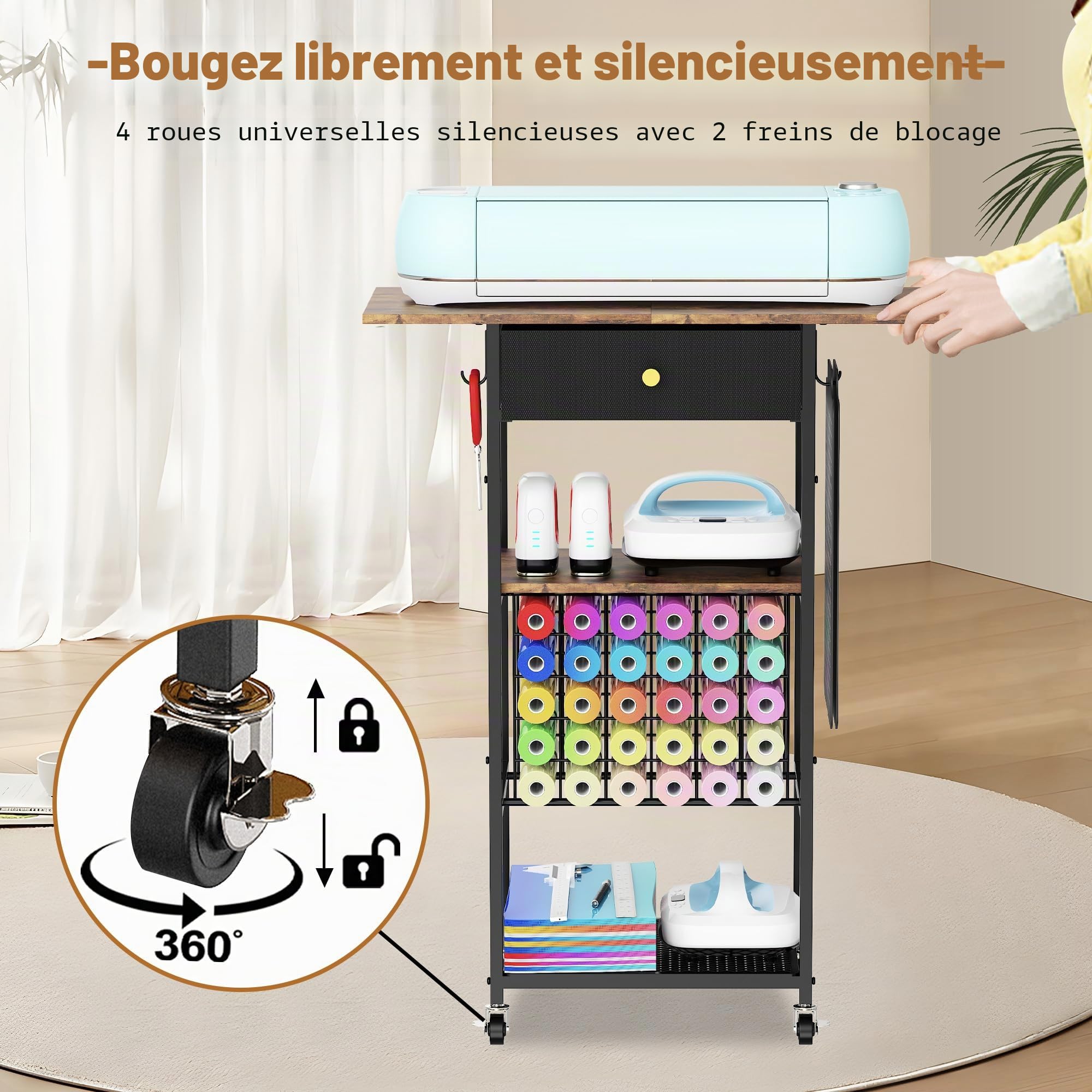 Yitexin Chariot de rangement avec 30 supports de rouleaux de vinyle et tiroir, compatible avec Cricut
