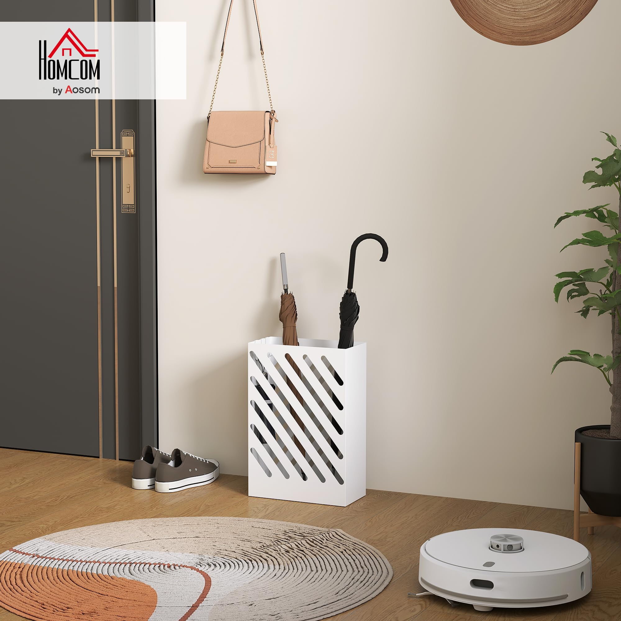 HOMCOM Portaombrelli Design Moderno con Vaschetta Raccogli Gocce, Porta Ombrelli in Acciaio Zincato con 4 Ganci per Ingresso e Corridoio, 28x14x41 cm, Bianco