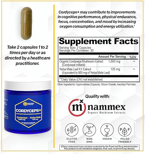 Miniatura 2 de Cordyceps Cápsulas de hongos  1000 mg de extracto de Cordyceps y 125 mg de extracto de yerba mate  Suplemento de hongos corporales 100% fructíferos