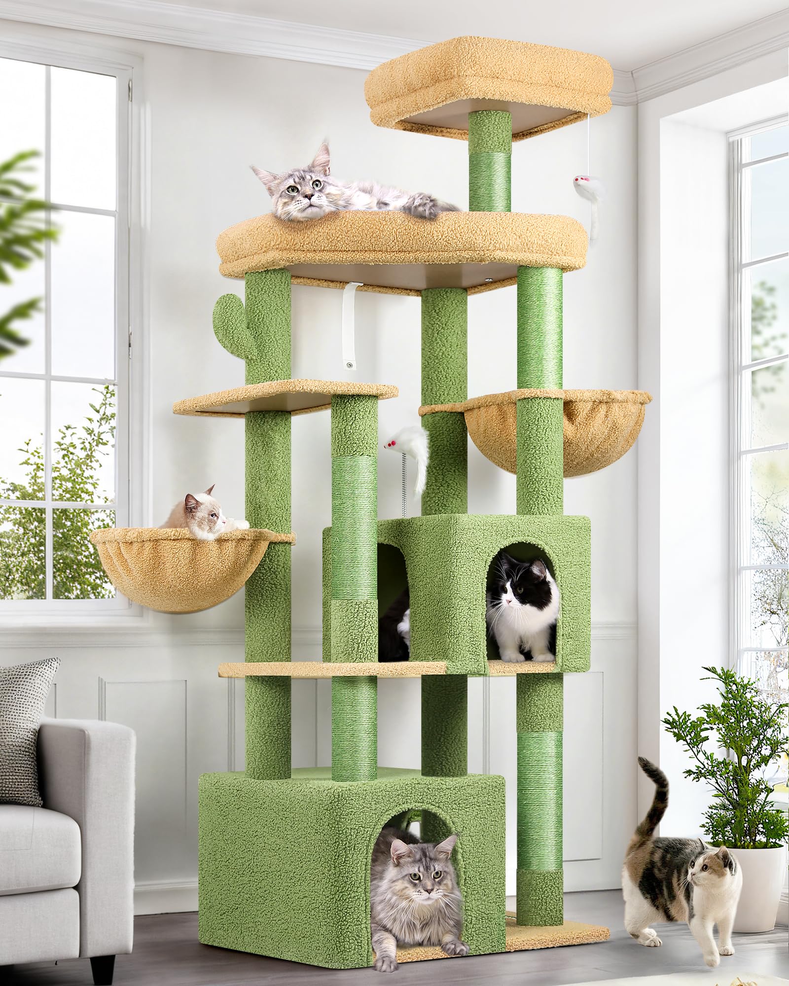 Globlazer Sturdy Cat Tree, 68-inch Large Cat Tower for Indoor Adult Cats 20 lbs Heavy Duty Cat Tree for Big Cats with Extra Large Platform, 5 Scratching Post, S68, Green