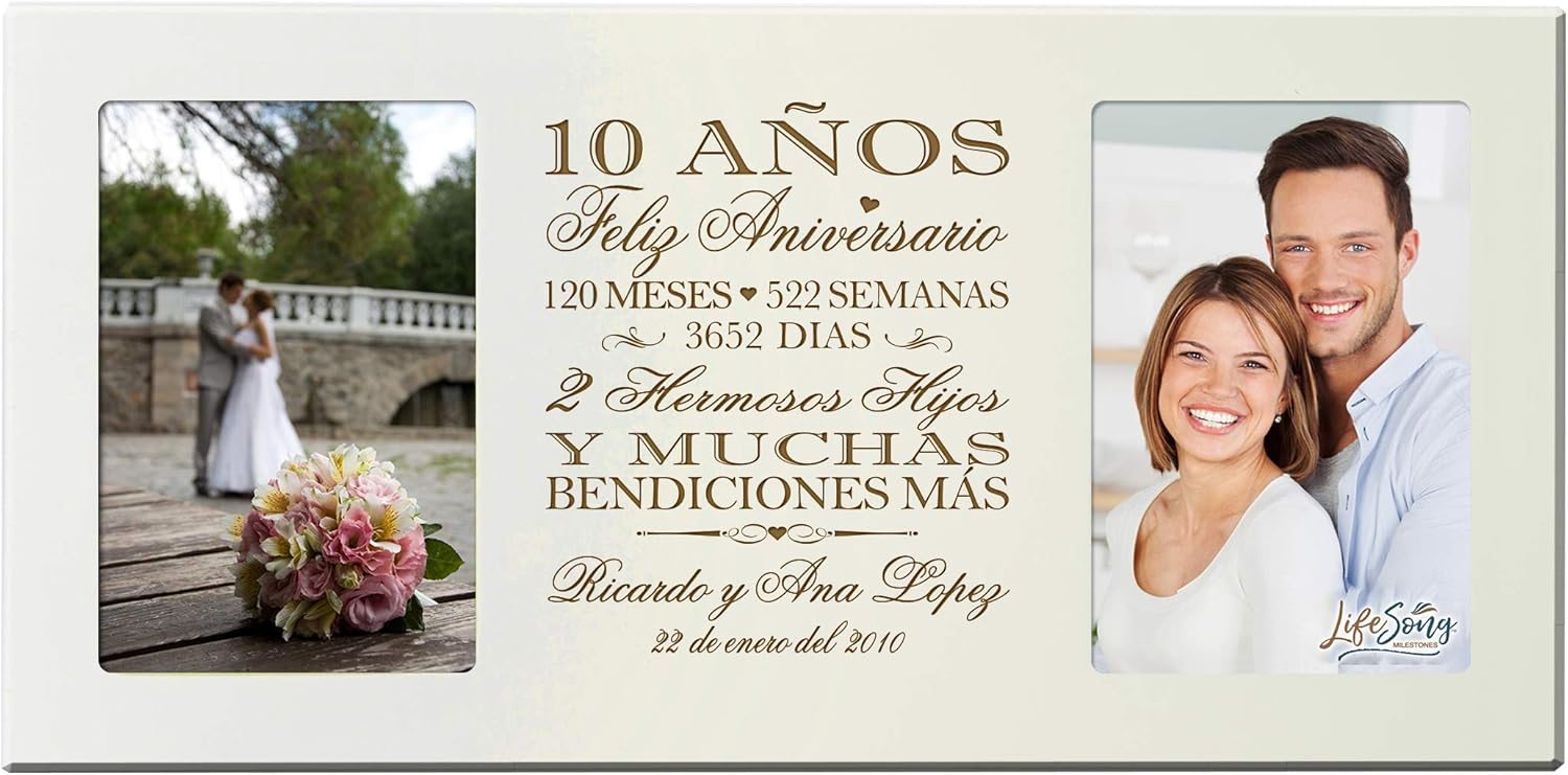 LifeSong Milestones Personalized 10th Anniversary Picture Frame Marriage Keepsake Gift with Spanish Verse - Ten Years Wedding Gift for Parents Husband Wife Him Her Holds 2-4x6 Photo (Cherry)