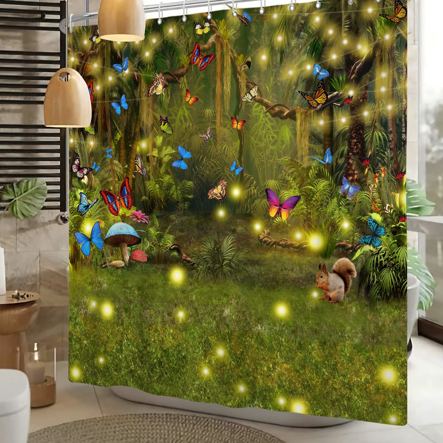 Duschvorhang Mit Waldtieren – Rustikales Design, Eichhörnchen & Schmetterlinge, 200x180 Cm, Polyester, Waschbar