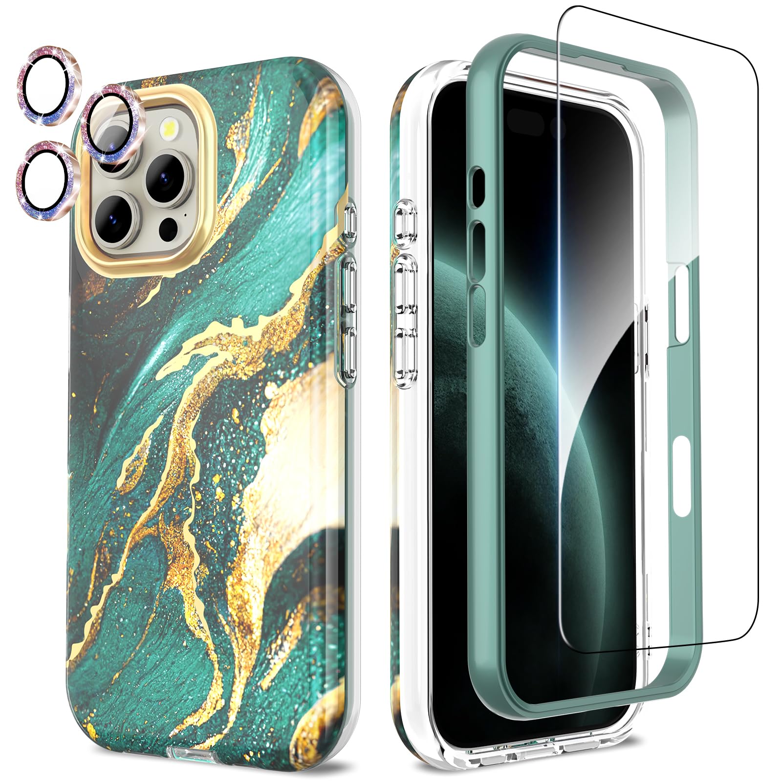 SHEDEER for iPhone 16 Pro Max Case with Glitter Camera Protector + Screen Protector, Chic Anti-Yellowing Pattern, Shockproof Drop Protection Anti-Scratch Phone Cover 16 Pro Max 6.9'', Dreamy Green