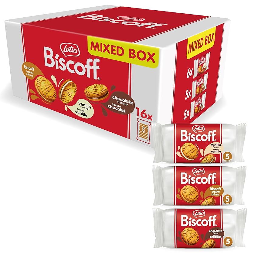 Lotus Biscoff | Confezione Mista Sandwich | 3 Gusti: Gusto Vaniglia, Crema Biscoff & Gusto Cioccolato | 5 Biscotti Sandwich per Confezione | Senza Coloranti | 16 x 50g | 800g