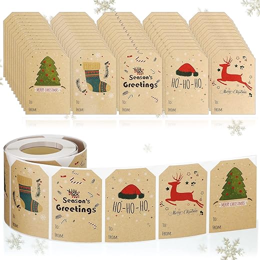 300 Pcs Self Adhesive Christmas Tag Stickers Kraft Christmas Gift Tags Xmas Name Tags Stickers Decorative Christmas Labels for Holiday Presents & Packages (Cute Style)