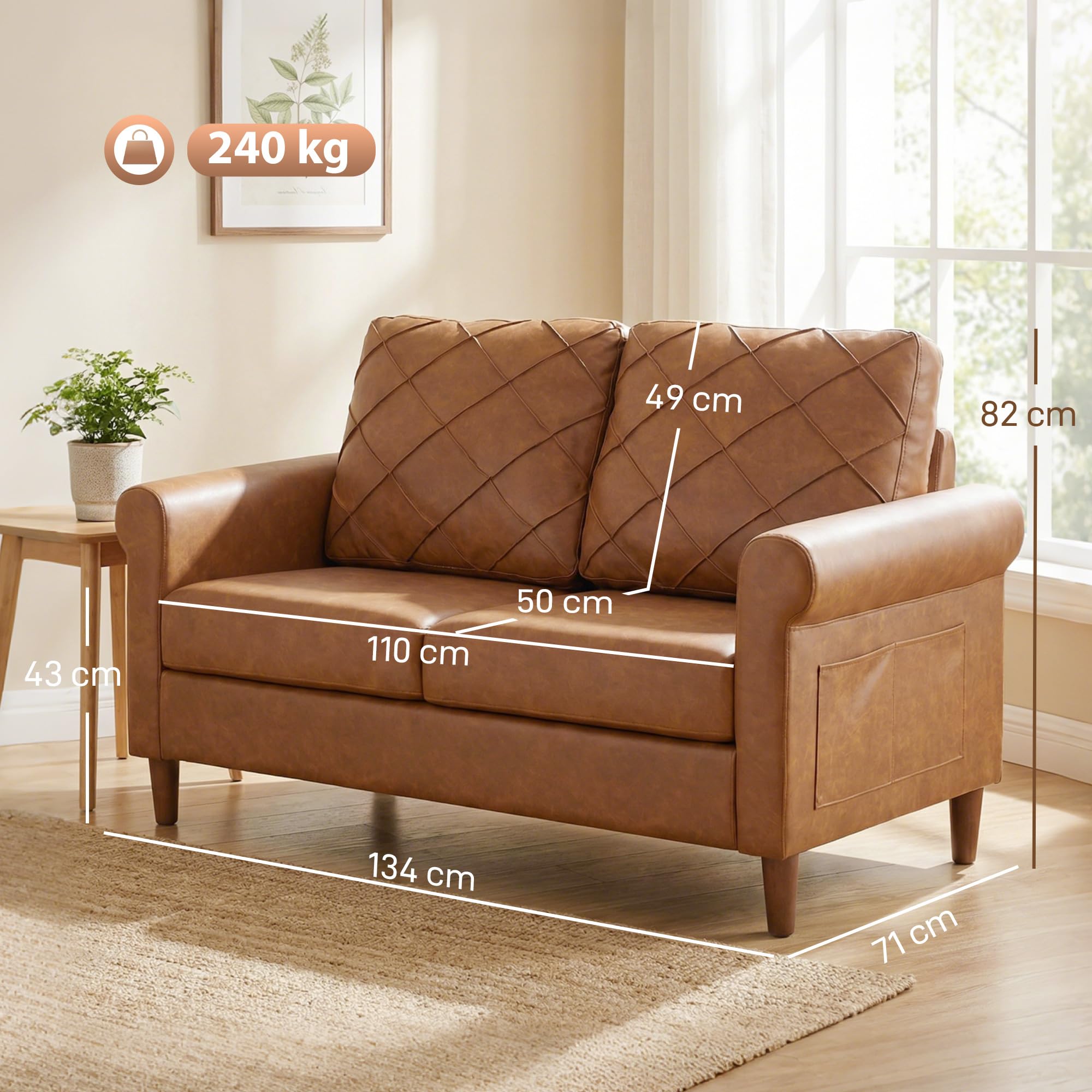 HOMCOM Sofá de 2 Plazas Sofá Moderno Tapizado en PU 134x71x82 cm Marrón | Cojín Grueso, Respaldo con Costuras, Asiento Amplio, Patas de Madera Maciza, Salón, Dormitorio, Oficina