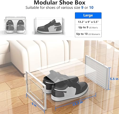 Miniatura 5 de Paquete de 12 organizadores apilables modulares grandes de plástico transparente para almacenamiento de zapatos, para armario, ahorro de espacio,