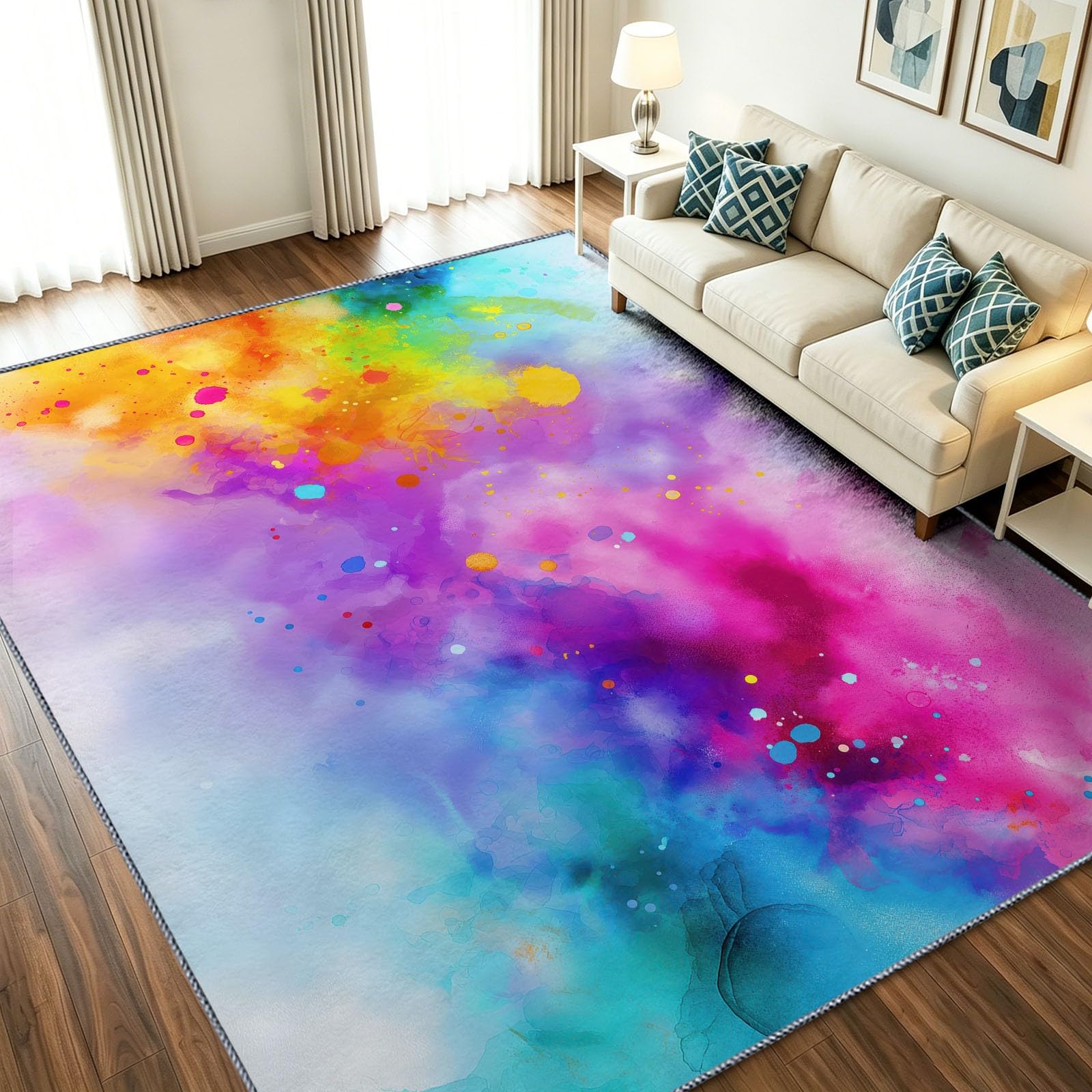 Tapis aquarelle moderne multicolore 60x90 cm poils courts lavable