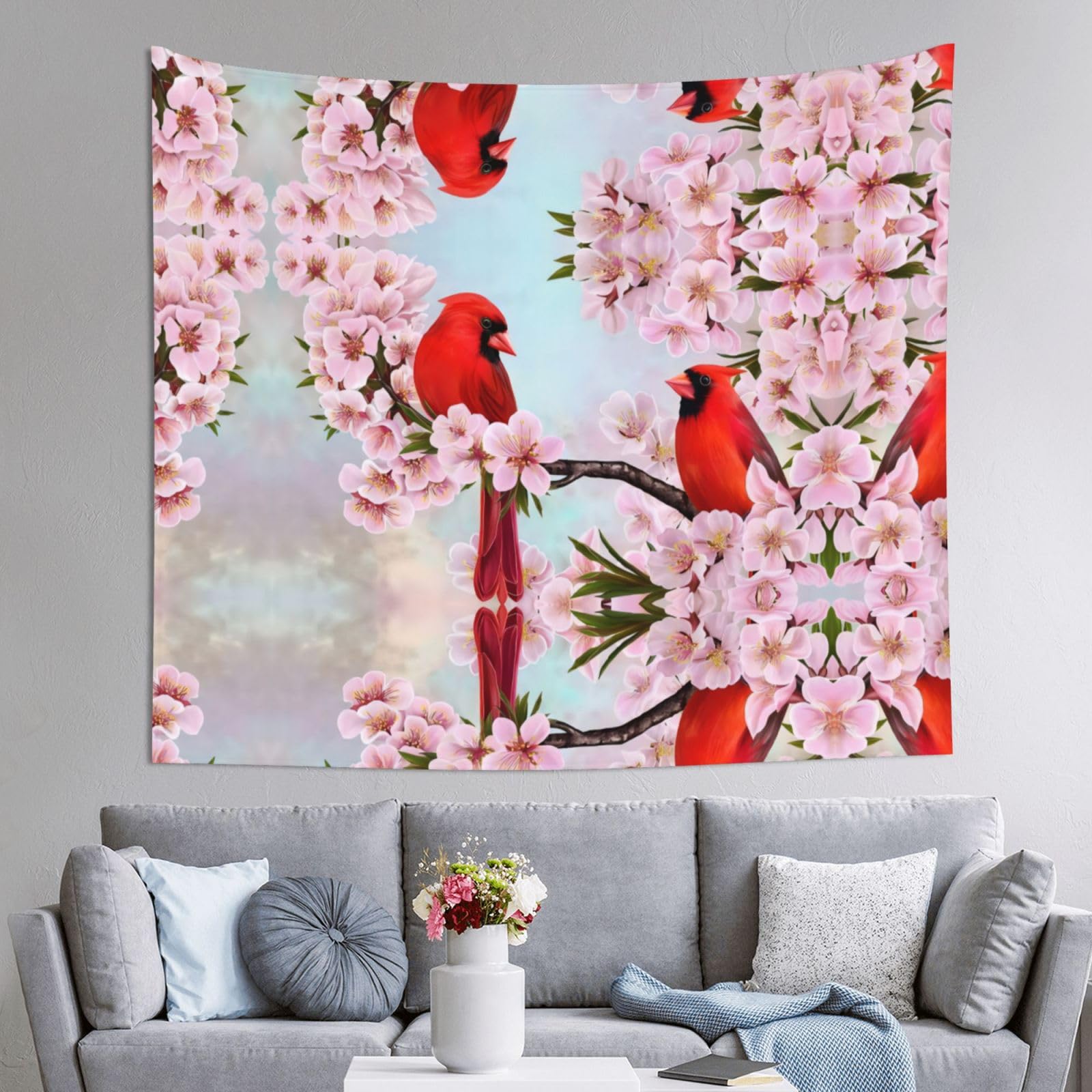 HLSBSSL 60x51in Red Bird Branch Blossom Printed Tapestry Tablecloth for Dormitory and Picnic Rooms - Multifunctional Fabric Hanging