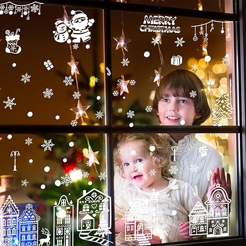 Miniatura 19 de CCINEE Adhesivo para ventana de Navidad, copos de nieve, Papá Noel, renos, para decoración navideña, 208 unidades Reno y Santa,Árboles rojos