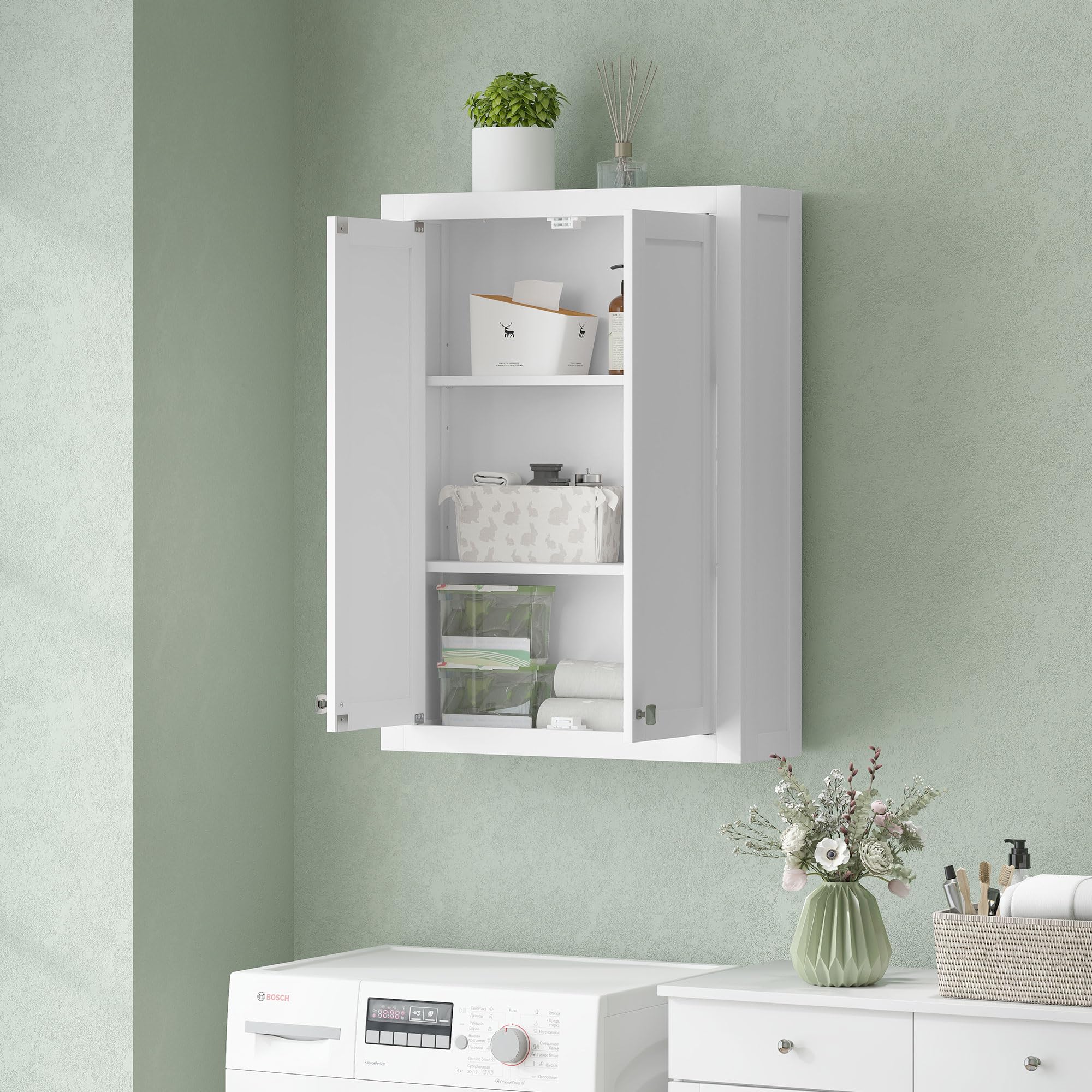 HOMCOM Armoire Murale de Salle de Bain 3 Niveaux, Meuble de Rangement Suspendu pour Salle de Bains avec 2 Portes et étagère réglable, Meuble WC Suspendu, 61 x 20 x 84 cm, Blanc