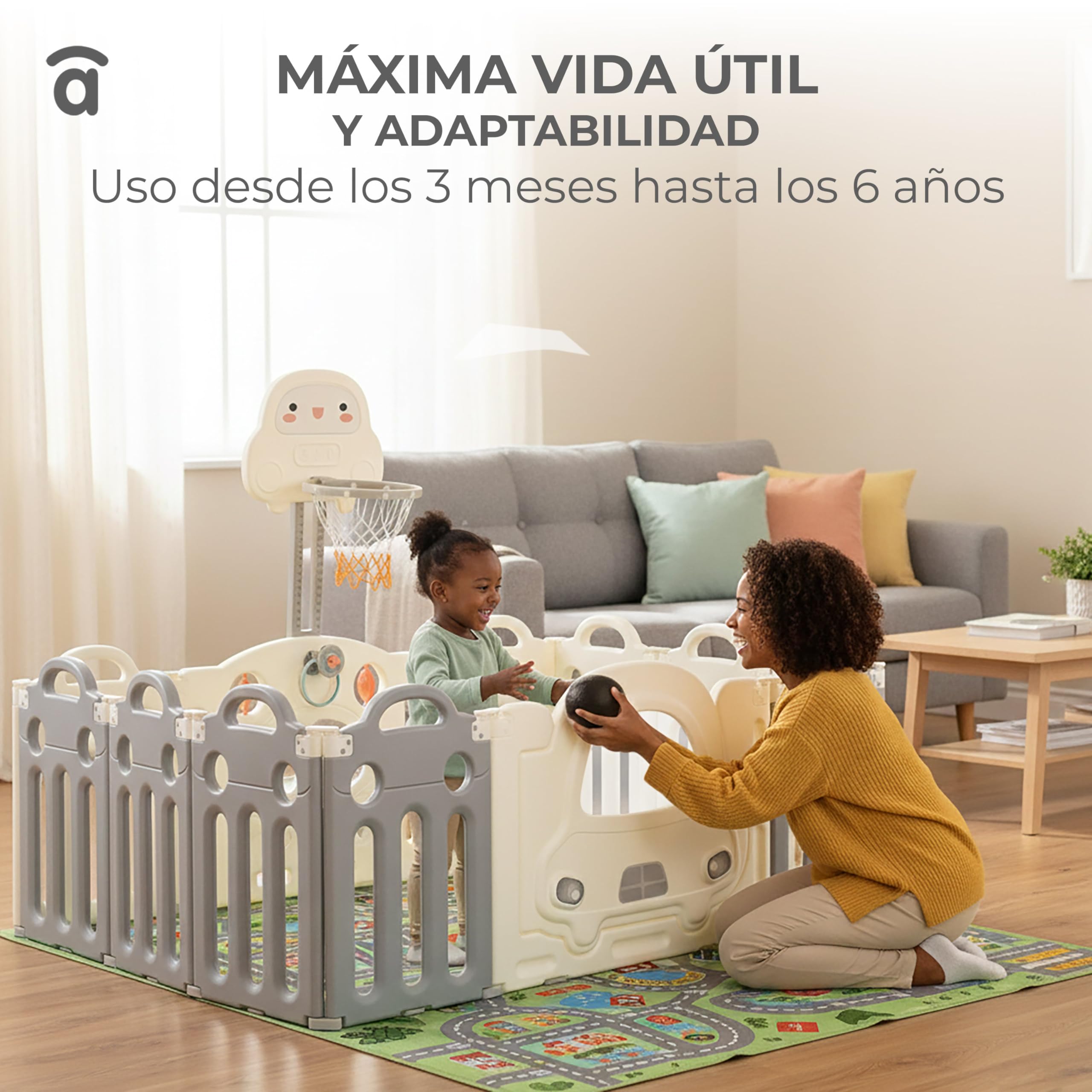 Asalvo Parque Bebé XL 160x120 cm con Canasta y Aros | Corralito Bebé Modular con 12 Paneles y Ventosas Antideslizantes | Parque Infantil Interior Exterior Montessori