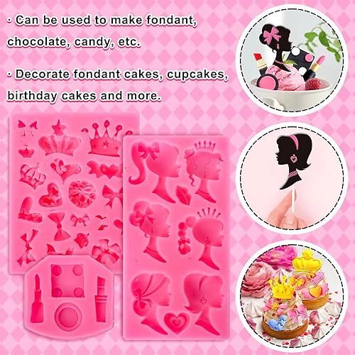 Miniatura 4 de Whaline Molde de silicona para fondant, 3 piezas de temática de niña, molde de silicona para pintalabios, corona, lazo, chocolate, caramelo, molde