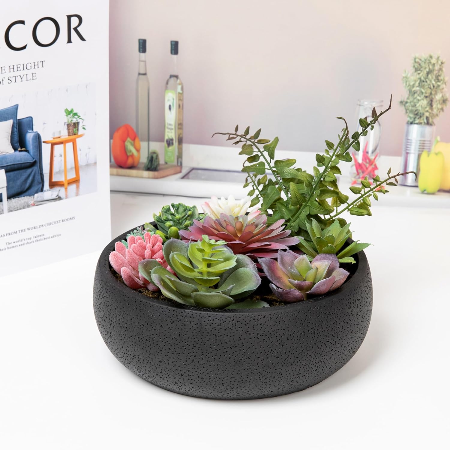 8 Inch Round Modern Artificial Succulent Plant Arrangement, Assorted Fake Plants in Black Concrete Planter Bowl for Home Decoration