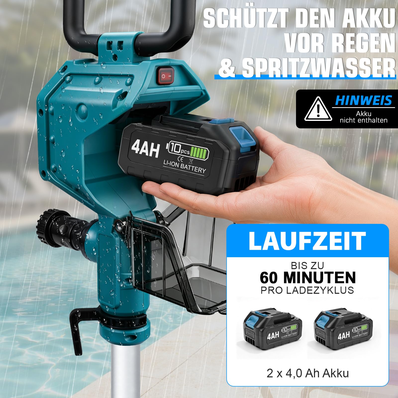 Akku Regenfasspumpe, 3600 L/h, 10m Förderhöhe, 2 x4.0Ah Akkus, Bürstenlos | mit Gartensprühdüse & 2m Schlauch, Kabellose Wasserpumpe Akku Tauchpumpe Kompatibel mit Makita 18V für Pool/Gärten/Teiche