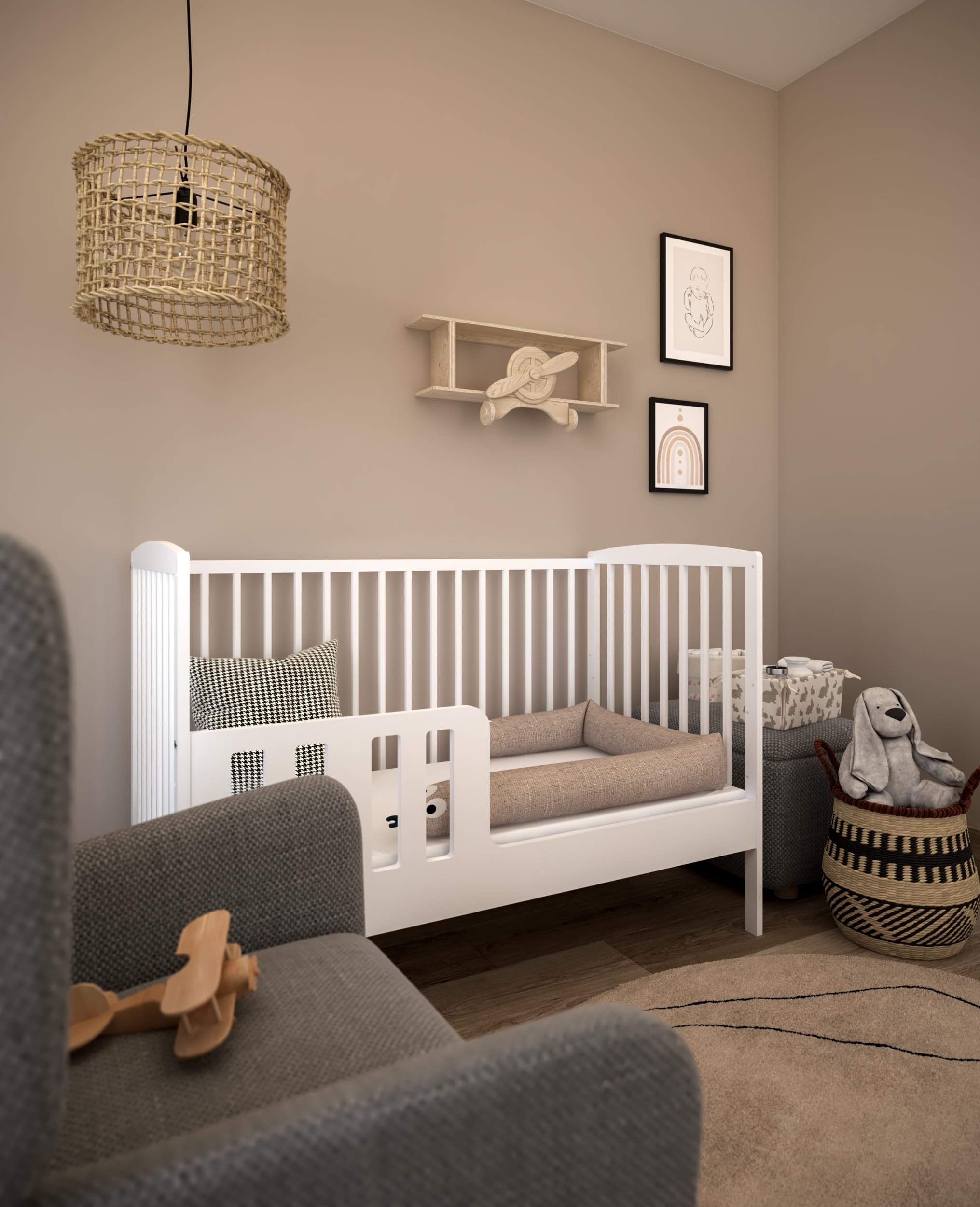 zee Cuna para Bebé 120 x 60 cm Blanca 2 en 1 Convertible en Cama Junior Altura Ajustable en 3 Niveles con Barandilla de Seguridad Madera de Pino